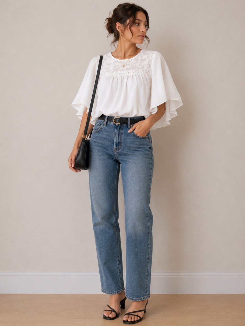 White embroidered flutter sleeve blouse // XS